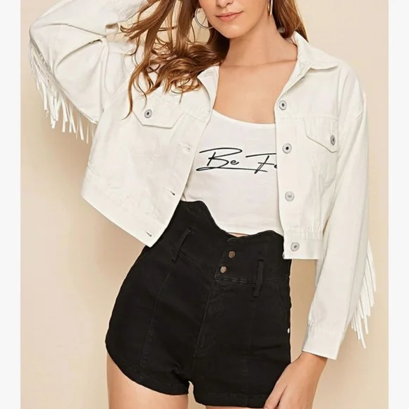Women's Chic Button Down Tassel Fringe Denim Jean Cropped Jacket Rodeo Large - Picture 7 of 9
